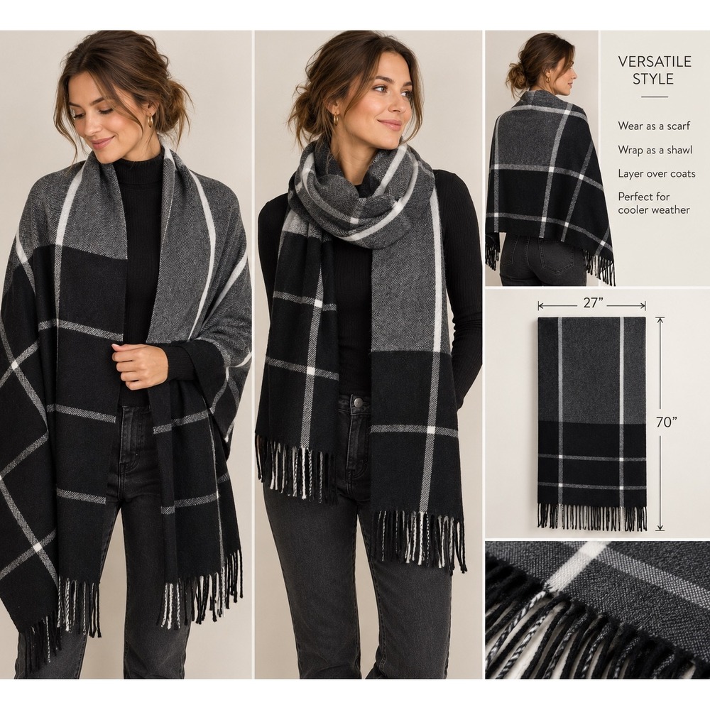 Modena Black Grey White Plaid Oversized Blanket Scarf Shawl Wrap Fringe Cozy